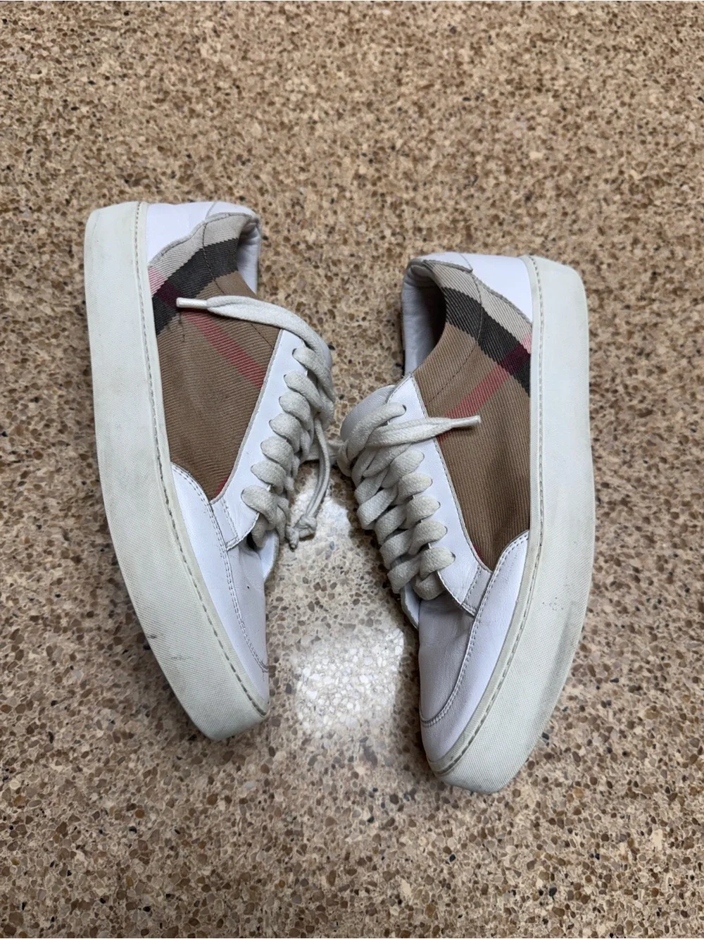 Burberry Tan Check & White Low-Top Sneakers for Men